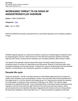 Increasing Threat to Uk Dogs of Angiostrongylus Vasorum