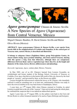 A New Species of Agave (Agavaceae) from Central Veracruz, Mexico Miguel Cházaro–Basáñez, H