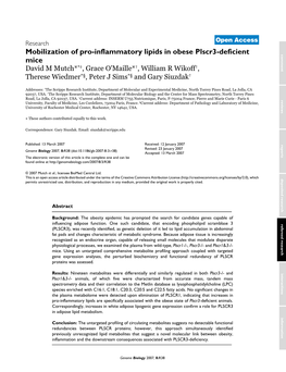 Mobilization of Pro-Inflammatory Lipids in Obese Plscr3-Deficient Mice