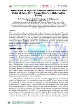 Assessment of Physico-Chemical Parameters of Well Water of Katol City, Nagpur District, Maharashtra (India)