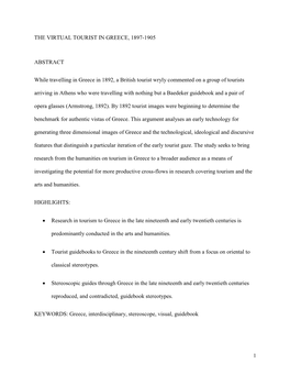 THE VIRTUAL TOURIST in GREECE, 1897-1905 ABSTRACT While