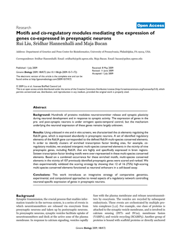 Motifs and Cis-Regulatory Modules Mediating the Expression of Genes Co-Expressed in Presynaptic Neurons Rui Liu, Sridhar Hannenhalli and Maja Bucan