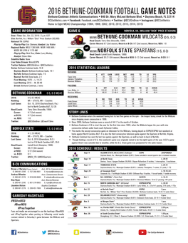 2016 BETHUNE-COOKMAN FOOTBALL GAME NOTES Bethune-Cookman Athletic Communications • 640 Dr