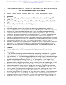 Antibiotic Tolerance, Persistence, and Resistance of the Evolved Minimal 2 Cell, Mycoplasma Mycoides JCVI-Syn3b