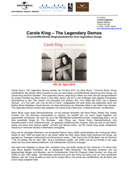 Carole King – the Legendary Demos 13 Unveröffentlichte Originalaufnahmen Ihrer Legendären Songs