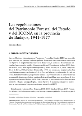 Las Repoblaciones Del Patrimonio Forestal Del Estado Y Del ICONA En La Provincia De Badajoz, 1941-1977