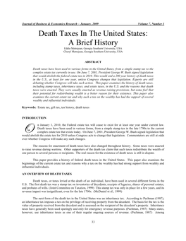 Death Taxes in the United States: a Brief History Eddie Metrejean, Georgia Southern University, USA Cheryl Metrejean, Georgia Southern University, USA