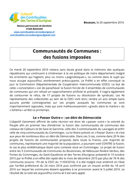 Communautés De Communes : Des Fusions Imposées