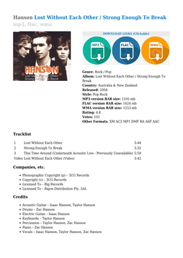 Hanson Lost Without Each Other / Strong Enough to Break Mp3, Flac, Wma