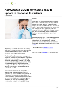 Astrazeneca COVID-19 Vaccine Easy to Update in Response to Variants 2 March 2021