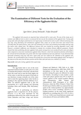 The Examination of Different Tests for the Evaluation of the Efficiency of the Eggbeater Kicks