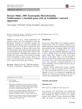 Burnaia Miller, 2001 (Gastropoda, Heterobranchia, Nudibranchia): a Facelinid Genus with an Aeolidiidae’S Outward Appearance