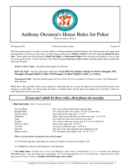 Anthony Oresteen's House Rules for Poker (Not According to Hoyle!)