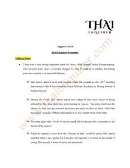August 6, 2020 Thai Enquirer Summary Political News • There
