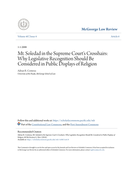 Mt. Soledad in the Supreme Court's Crosshairs: Why Legislative Recognition Should Be Considered in Public Displays of Religion Adrian R