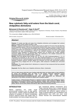 New Cytotoxic Fatty Acid Esters from the Black Coral, Antipathes Dichotoma