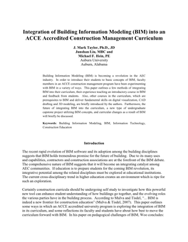 Integration of Building Information Modeling (BIM) Into an ACCE Accredited Construction Management Curriculum