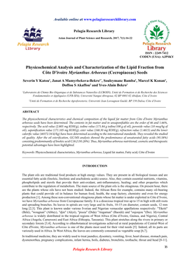 Physicochemical Analysis and Characterization of the Lipid Fraction from Côte D’Ivoire Myrianthus Arboreus (Cecropiaceae) Seeds