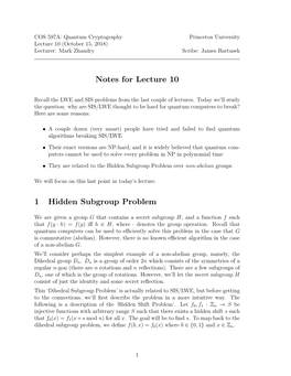 Notes for Lecture 10 1 Hidden Subgroup Problem