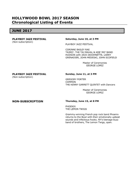 HOLLYWOOD BOWL 2017 SEASON Chronological Listing of Events