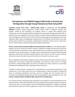 Citi Indonesia and UNESCO Support 200 Youths in Central Java Heritage Sites Through Young Entrepreneur Boot Camp 2019