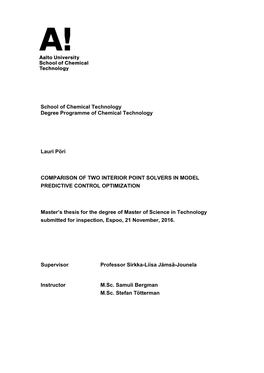 School of Chemical Technology Degree Programme of Chemical Technology