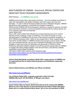 NGO FUNDERS of UNRWA - Examined, SPECIAL CENTER for NEAR EAST POLICY RESEARCH MONOGRAPH