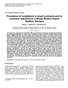 Prevalence of Hydatidosis in Small Ruminants and Its Economic Significance in Modjo Modern Export Abattoir, Ethiopia