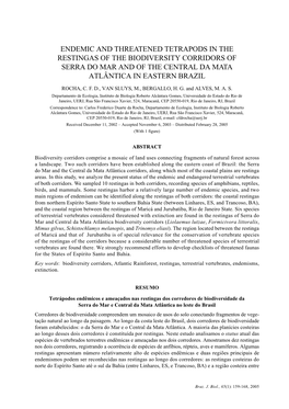 Endemic and Threatened Tetrapods in the Restingas of the Biodiversity Corridors of Serra Do Mar and of the Central Da Mata Atlântica in Eastern Brazil