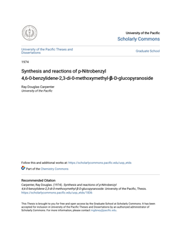 Synthesis and Reactions of P-Nitrobenzyl 4,6-0-Benzylidene-2,3-Di-0-Methoxymethyl-Β-D-Glucopyranoside