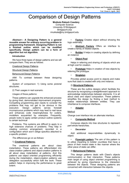Comparison of Design Patterns Mukkala Rakesh Cowdary Computer Science University of Bridgeport Bridgeport,Usa Rmukkala@My.Bridgeport.Edu
