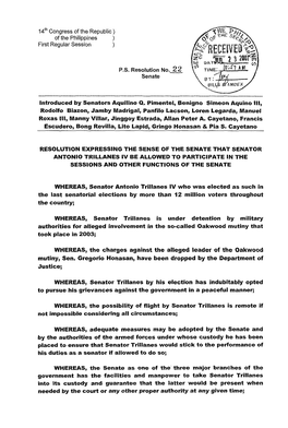 14'H Congress of the Republic ) of the Philippines ) First Regular Session P.S. Resolution N 0 . B Senate Introduced by Senators