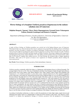 Flower Biology of a Beeplant Vitellaria Paradoxa (Sapotaceae) in the Sudano- Sahalian Zone of Cameroon