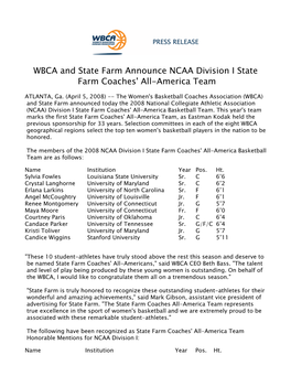 WBCA and State Farm Announce NCAA Division I State Farm Coaches' All-America Team