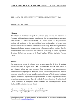 THE MOST, and LESS, KNOWN MYTHOGRAPHERS in PORTUGAL RODRIGUES, Ana Duarte Abstract Resumo