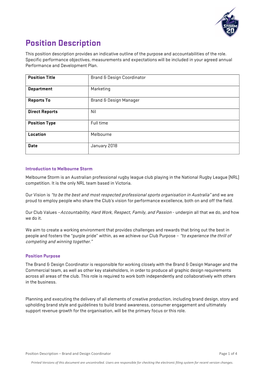 Position Description This Position Description Provides an Indicative Outline of the Purpose and Accountabilities of the Role