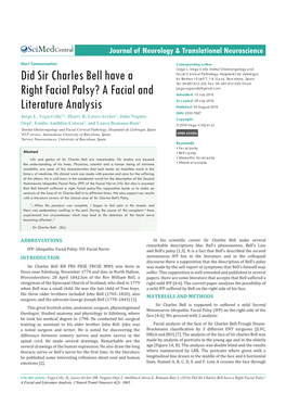 Did Sir Charles Bell Have a Right Facial Palsy? a Facial and Literature Analysis