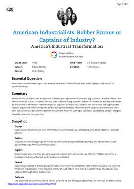 American Industrialists: Robber Barons Or Captains of Industry? America’S Industrial Transformation Roger Jackson Published by K20 Center