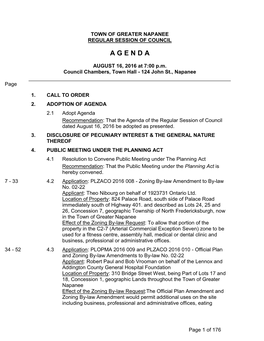 REGULAR SESSION COUNCIL - August 16, 2016 Agenda