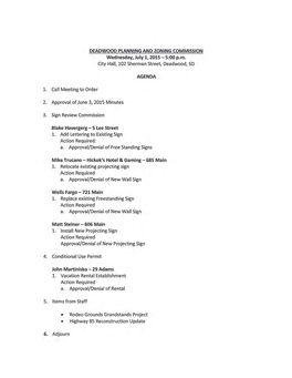 DEADWOOD PLANNING and ZONING COMMISSION Wednesday, July 1, 2015-5:00 P.M