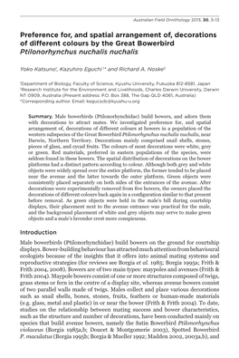 Preference For, and Spatial Arrangement Of, Decorations of Different Colours by the Great Bowerbird Ptilonorhynchus Nuchalis Nuchalis