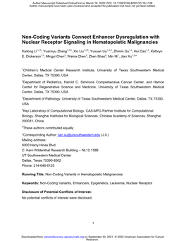 Non-Coding Variants Connect Enhancer Dysregulation with Nuclear Receptor Signaling in Hematopoietic Malignancies