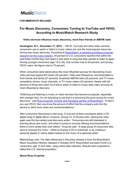 For Music Discovery, Consumers Turning to Youtube and VEVO, According to Musicwatch Research Study