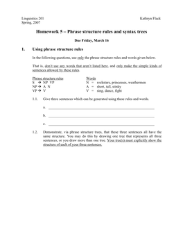 Homework 5 – Phrase Structure Rules and Syntax Trees