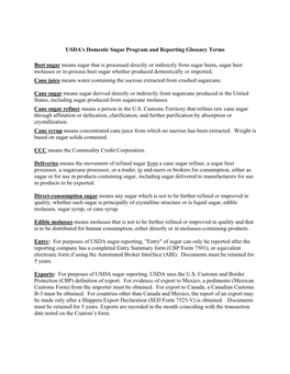 USDA's Domestic Sugar Program and Reporting Glossary Terms