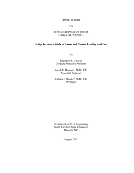 FINAL REPORT for RESEARCH PROJECT 2001-16 (FHWA/NC