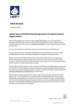 PRESS RELEASE Liberty Seals Committed Financing Agreement to Acquire Europe's Largest Smelter