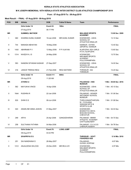 M K JOSEPH MEMORIAL 16TH KERALA STATE INTER DISTRICT CLUB ATHLETICS CHAMPIONSHIP 2019 from : 07-Aug-2019 to : 09-Aug-2019