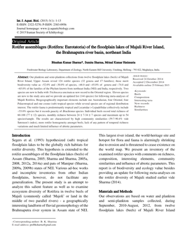 Original Article Rotifer Assemblages (Rotifera: Eurotatoria) of the Floodplain Lakes of Majuli River Island, the Brahmaputra River Basin, Northeast India