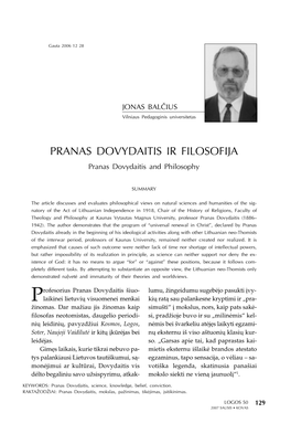 PRANAS DOVYDAITIS IR FILOSOFIJA Pranas Dovydaitis and Philosophy